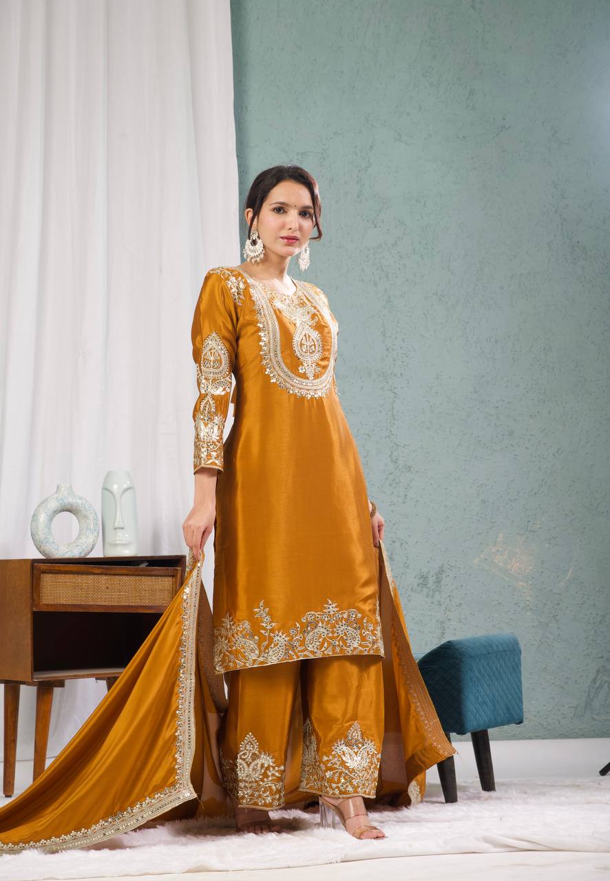 Mustard Orange Embroidered Kurta Set with Dupatta for Women