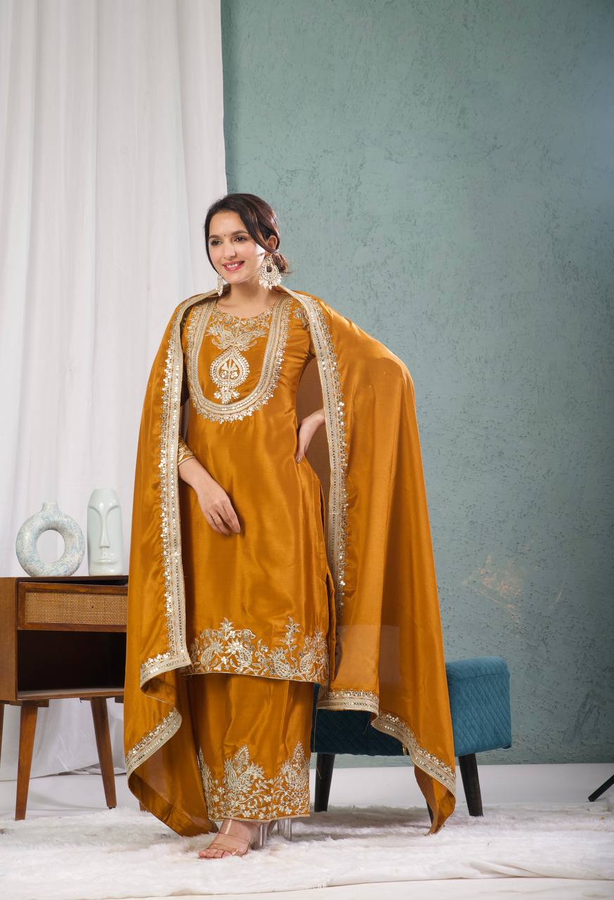 Mustard Orange Embroidered Kurta Set with Dupatta for Women