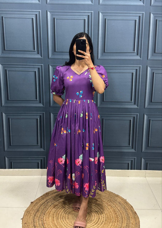 Elegant Purple Floral Midi Dress with Puff Sleeves – Stylish Casual Wear