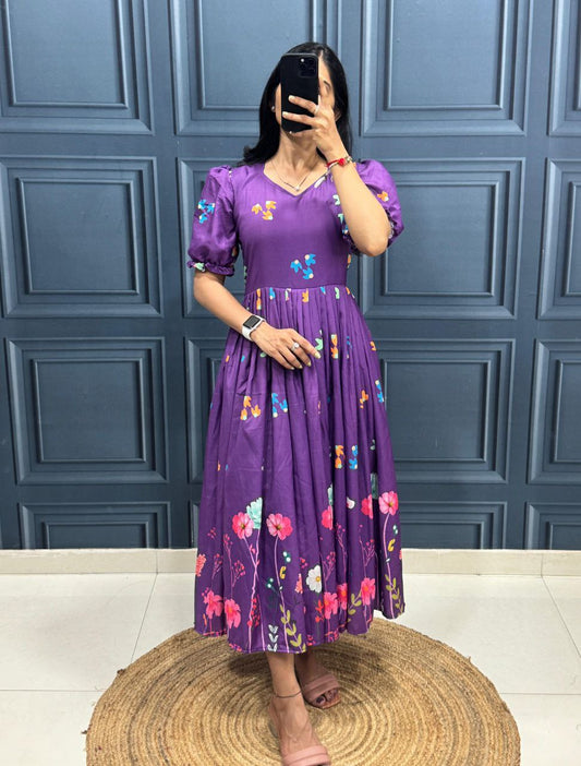 Elegant Purple Floral Midi Dress with Puff Sleeves – Stylish Casual Wear