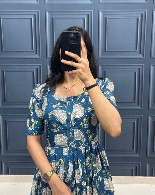 Elegant Blue Paisley Print Midi Dress – Casual & Everyday Wear