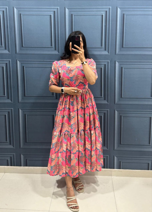 Floral Printed Puff Sleeve Midi Dress
