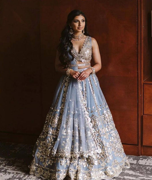 Net Wedding Wear Sky Blue Lehenega Choli