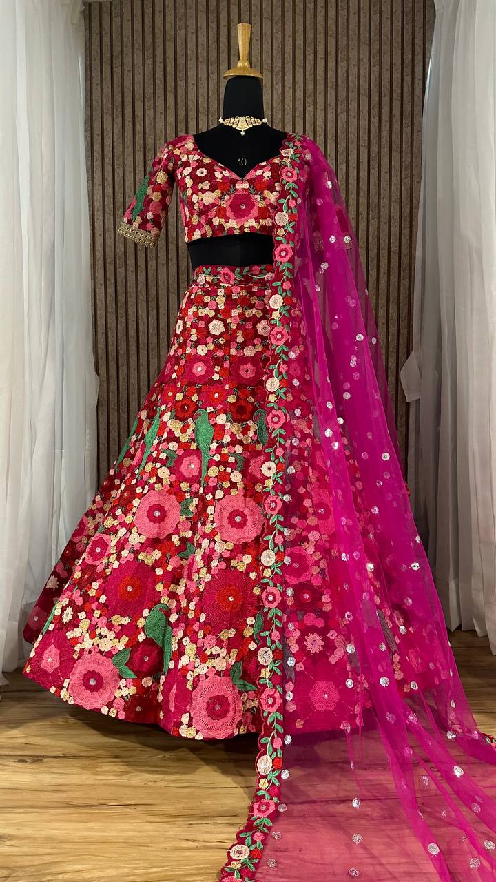 Pink Velvet Embroidered Wedding Lehenga Choli