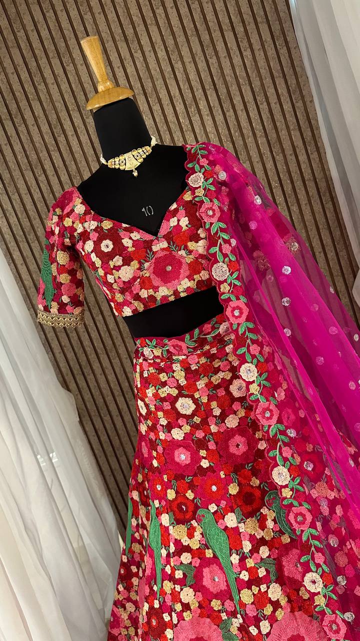 Pink Velvet Embroidered Wedding Lehenga Choli