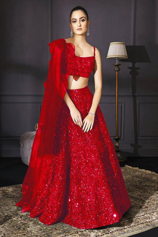 Party Wear Velvet Red Lehenga Choli