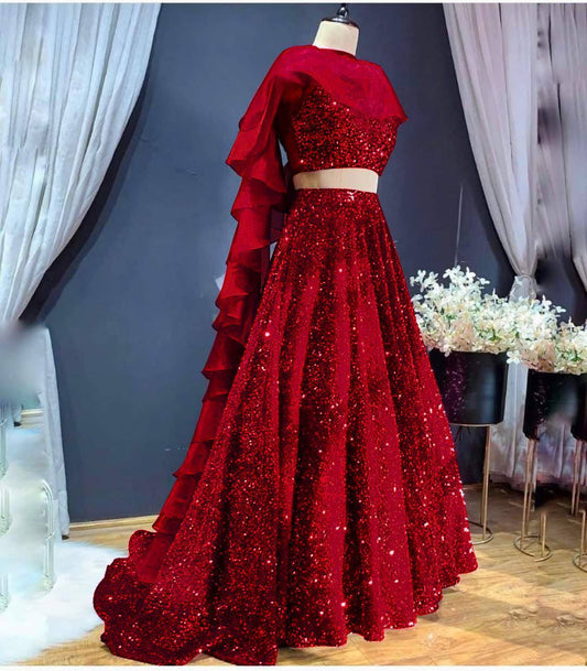 Party Wear Velvet Red Lehenga Choli