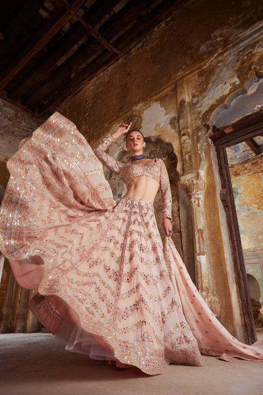 Wedding Wear Georgette Peach Lehenga Choli