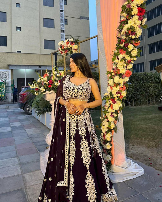 Silk Bridal Wear Wine Lehenga Choli