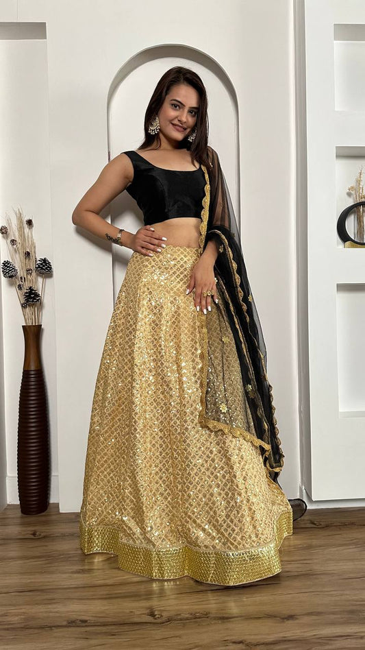 Party Wear Silk Golden Lehenga Choli