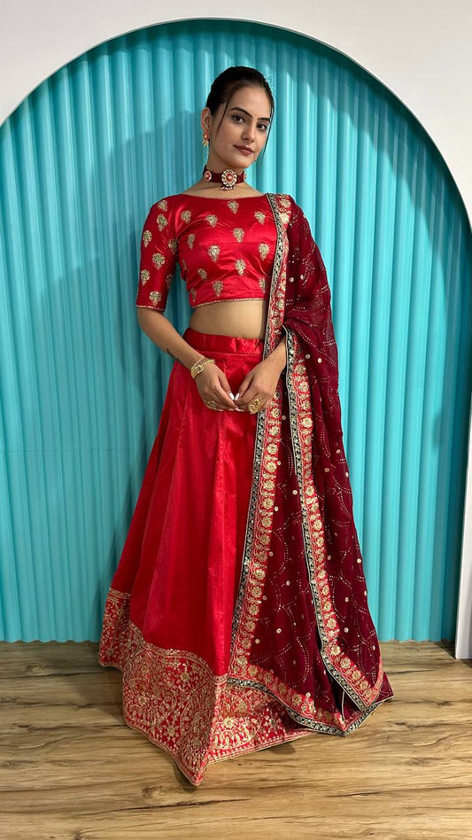 Wedding Wear Satin Red Lehenga Choli