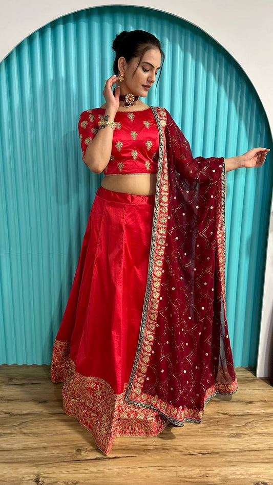 Wedding Wear Satin Red Lehenga Choli