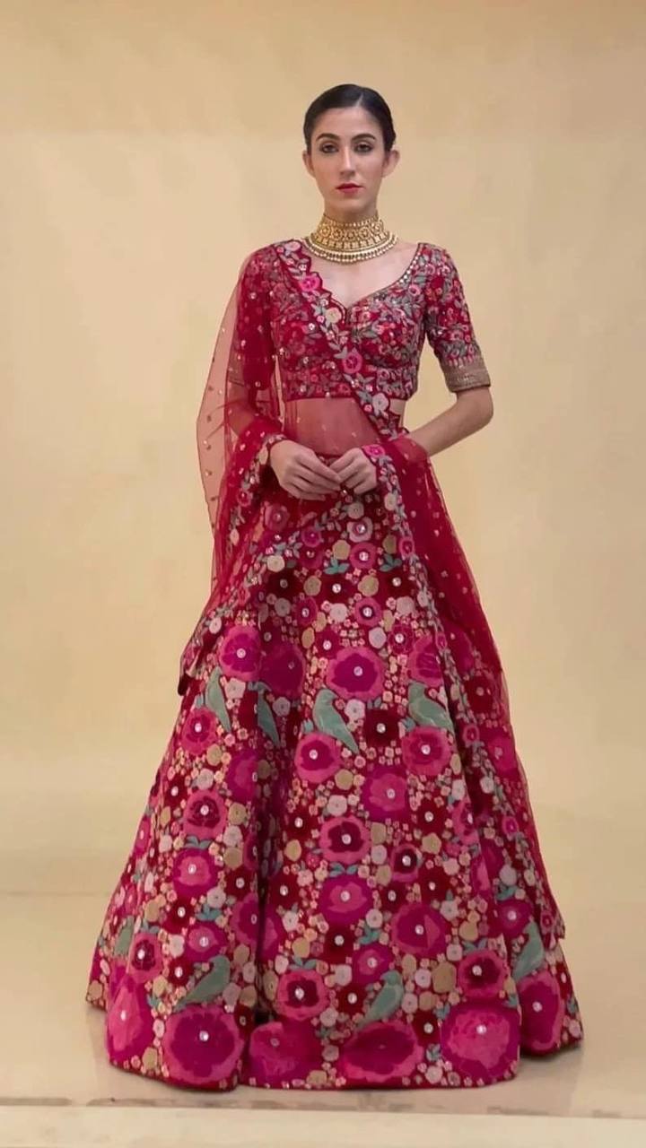 Pink Velvet Embroidered Wedding Lehenga Choli