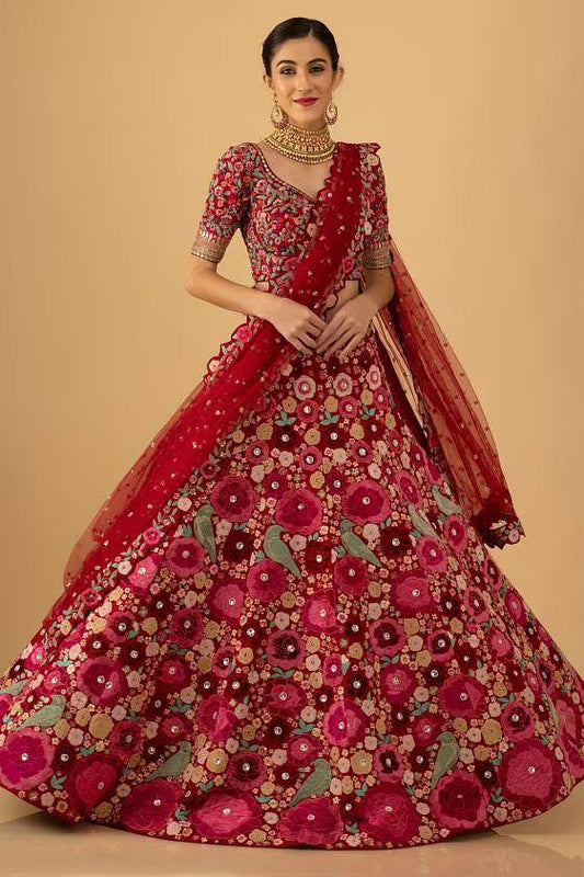 Pink Velvet Embroidered Wedding Lehenga Choli