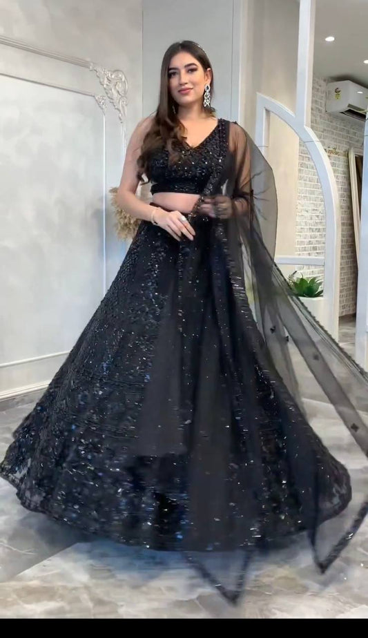 Party Wear Net Black Lehenga Choli