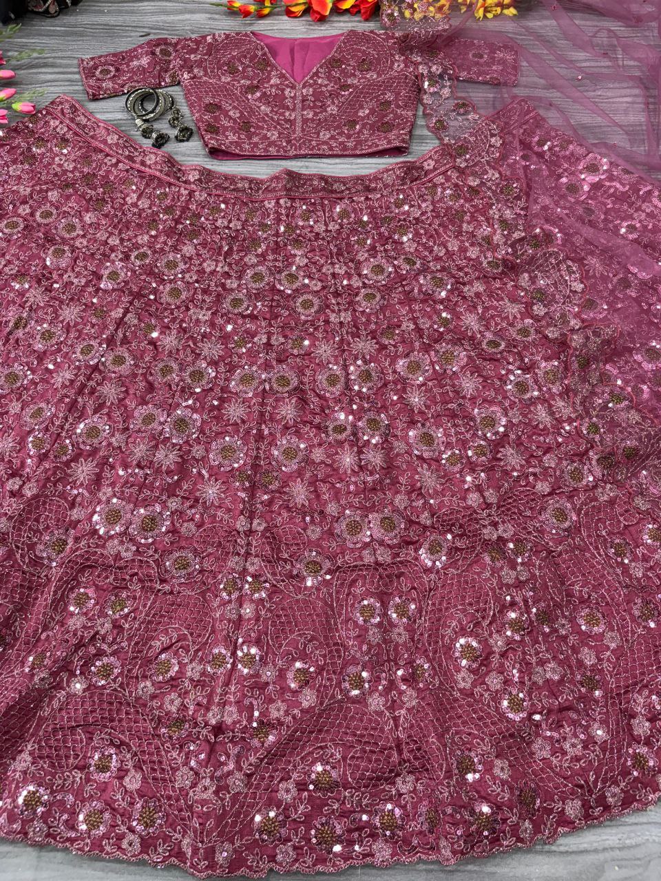 Bridal Wear Silk Sequence Pink Lehenga Choli