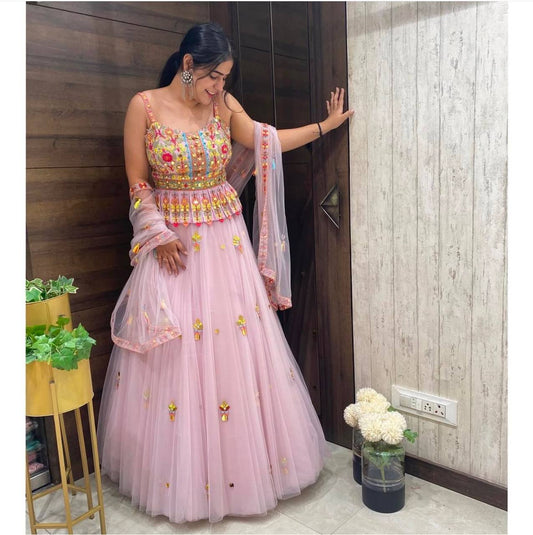 Light Pink Wedding Wear Net Lehenga Choli