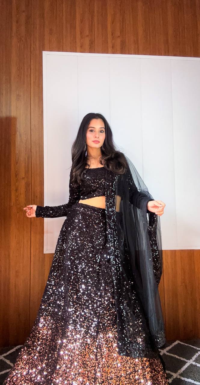 Velvet Sequenced Wedding Party Black Lehenga Chol