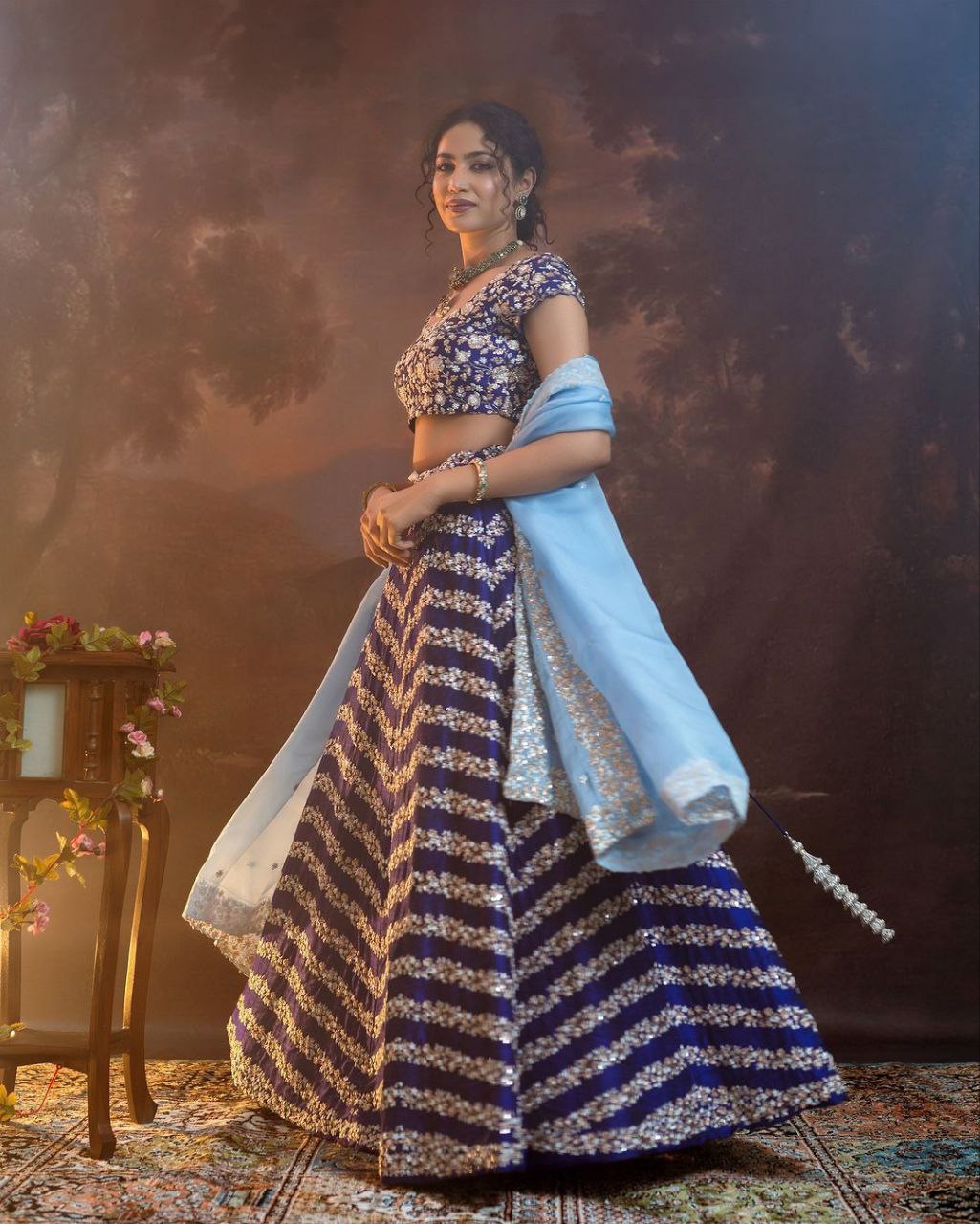 Wedding Wear Chinon Silk Blue Lehenga Choli