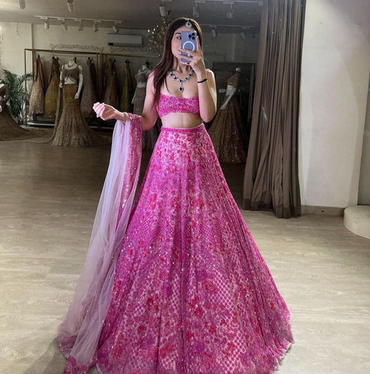 Wedding Wear Net Pink Lehenga Choli