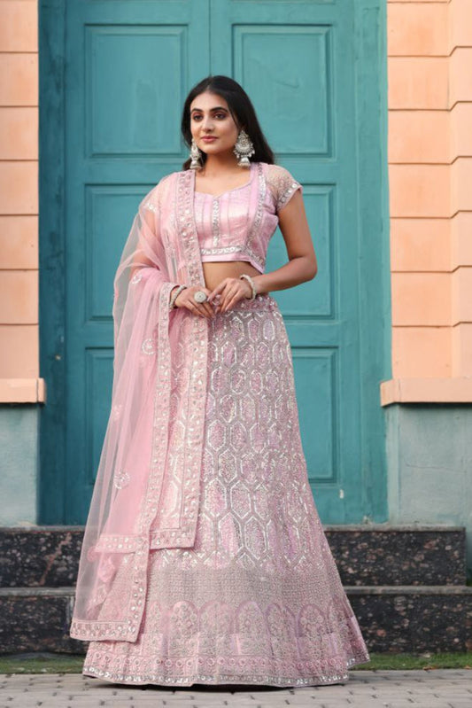 Wedding Wear Net Baby Pink Lehenga Choli