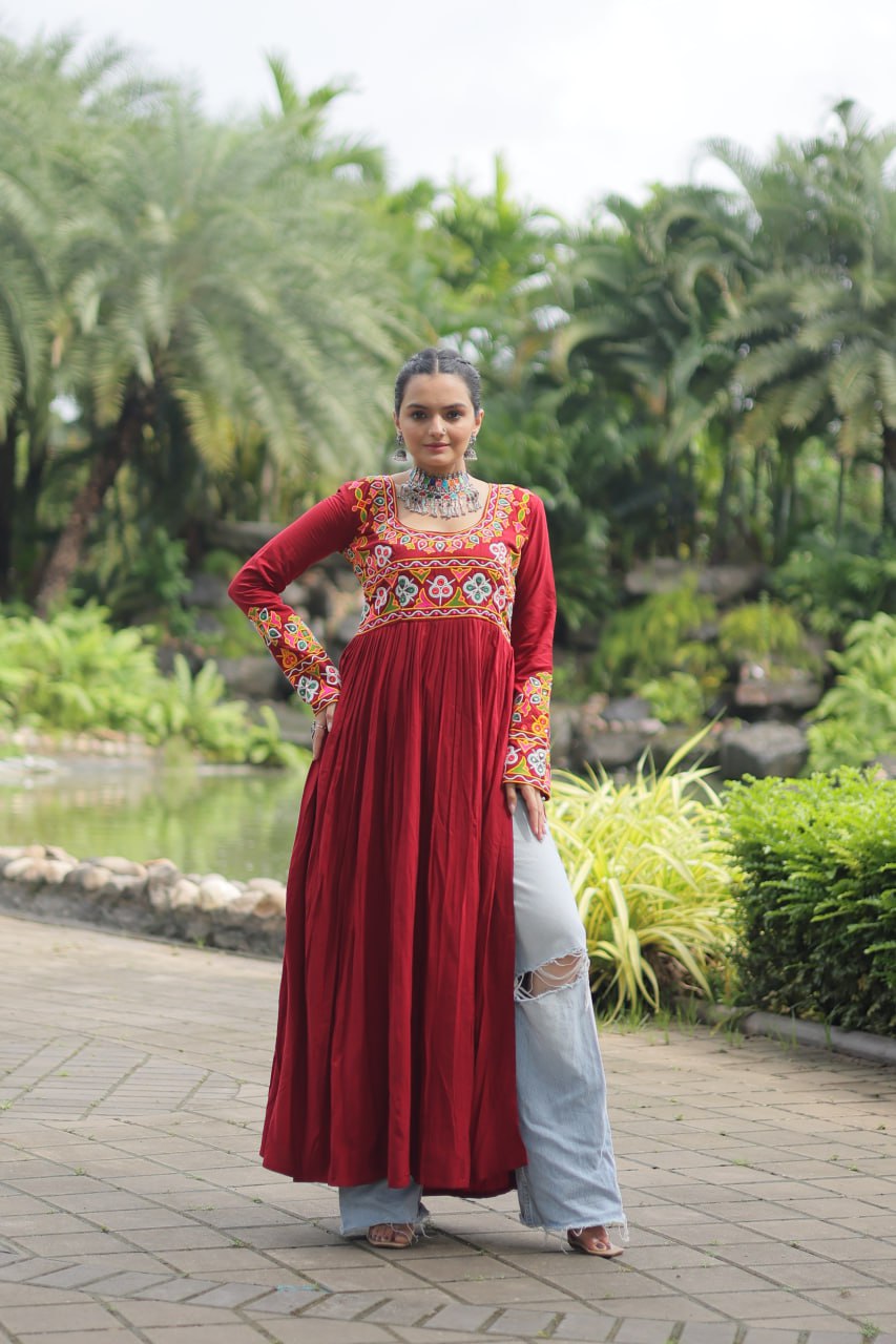 Maroon Embroidered Long Kurta for Women