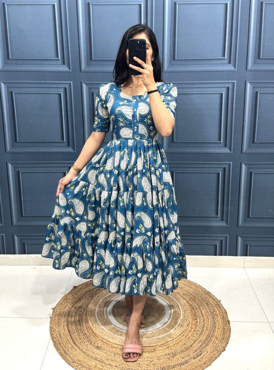 Elegant Blue Paisley Print Midi Dress – Casual & Everyday Wear