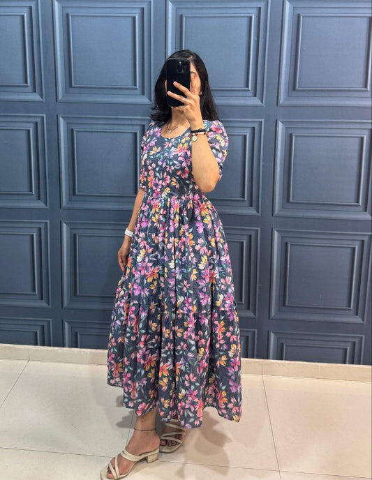 Navy Blue Floral Midi Dress