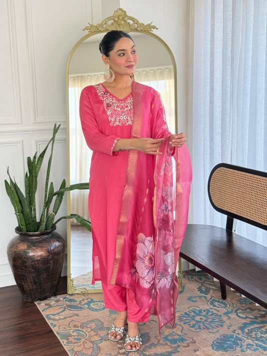 Straight Pink Kurta Set For Women