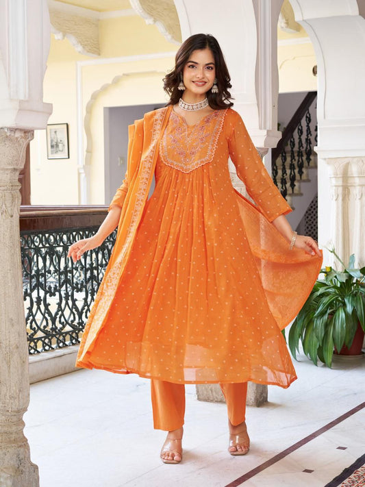 Festival Wear Orange Anarkali kurta set for Women