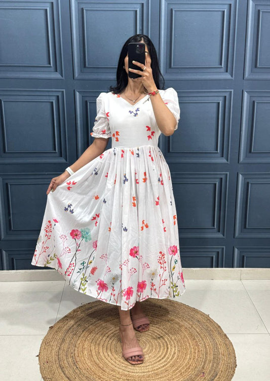 Puff Sleeve White Cotton Dress with Multicolor Floral Design