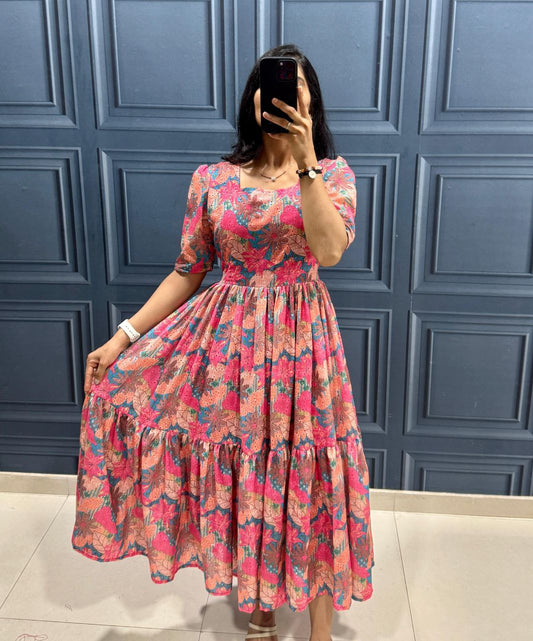 Floral Printed Puff Sleeve Midi Dress