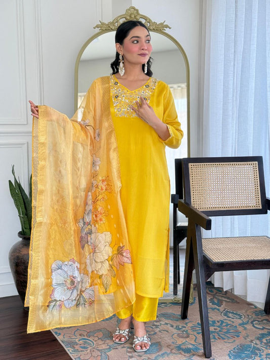 Yellow Kurta With Pant and Printed Duppta For Laddies