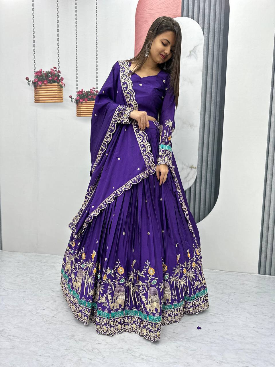 Designer Chinon Party Wear Purple Lehenga Choli