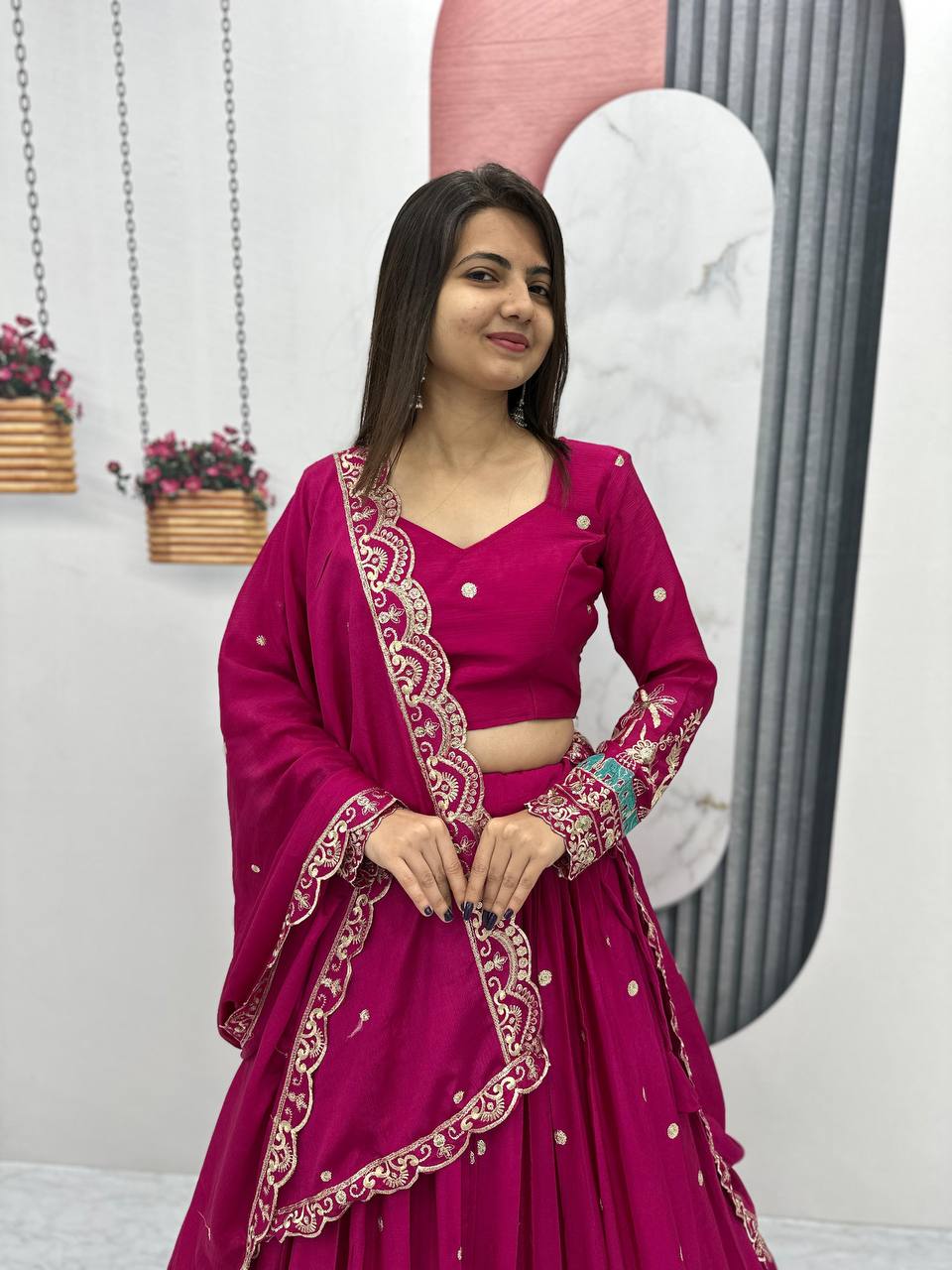 Designer Chinon Party Wear Pink Lehenga Choli