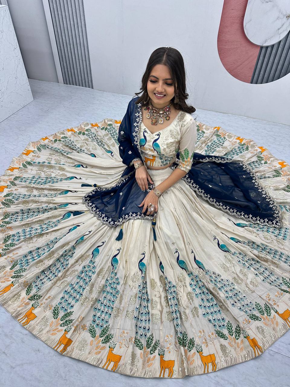 Silk Party Wear White Blue Lehenga Choli