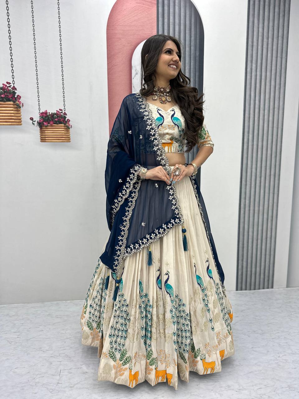 Silk Party Wear White Blue Lehenga Choli