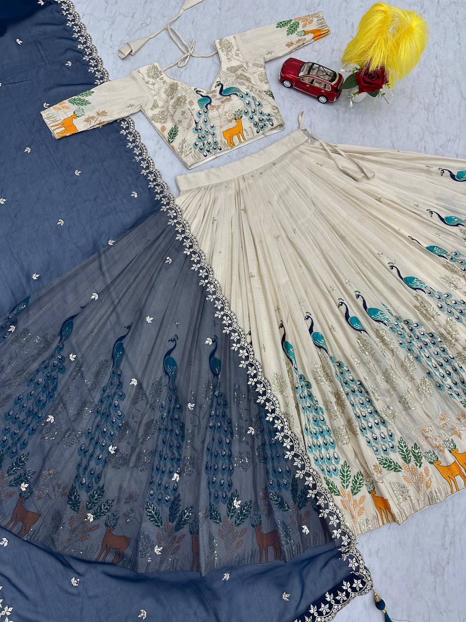 Silk Party Wear White Blue Lehenga Choli