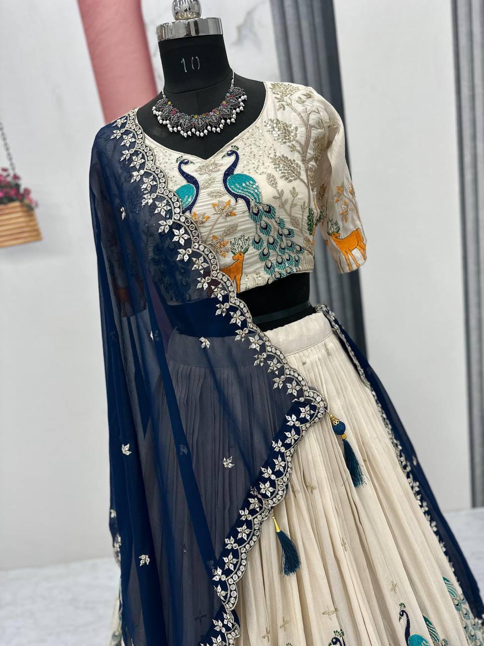 Silk Party Wear White Blue Lehenga Choli