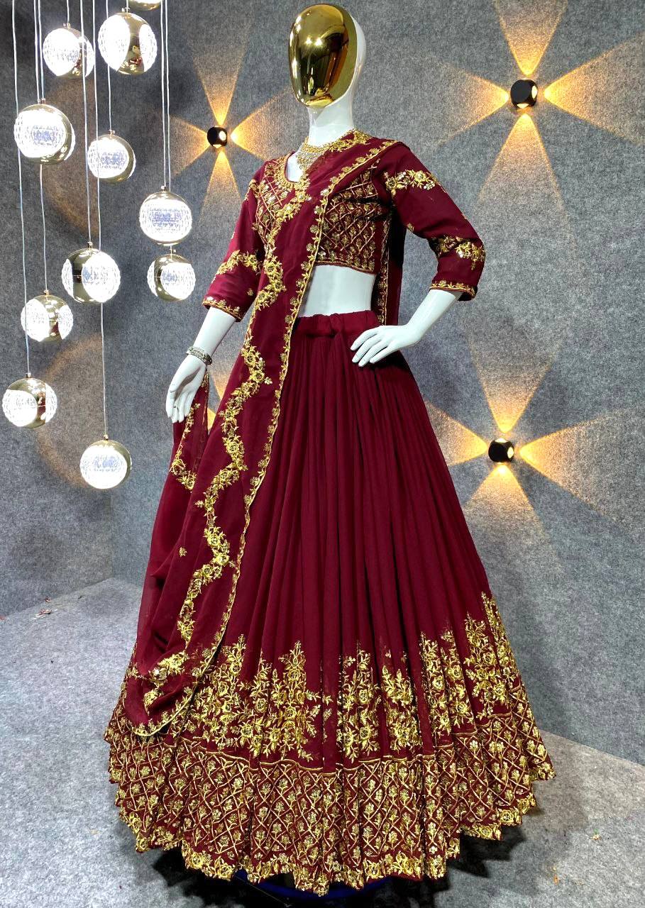 Georgette Bridal Wear Maroon Lehenga Choli