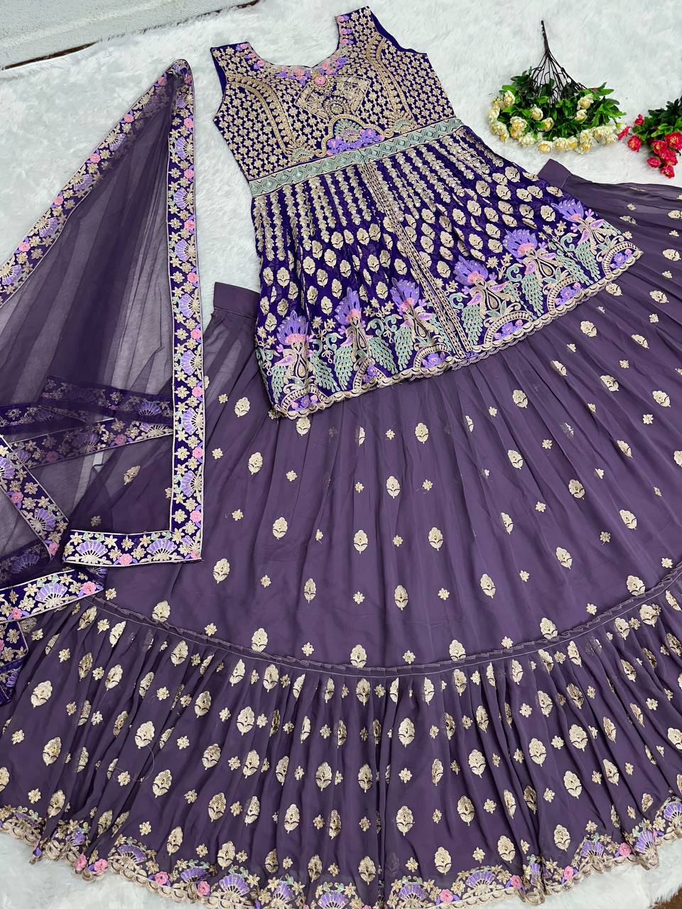 Purple Embroidered Wedding Lehenga Choli