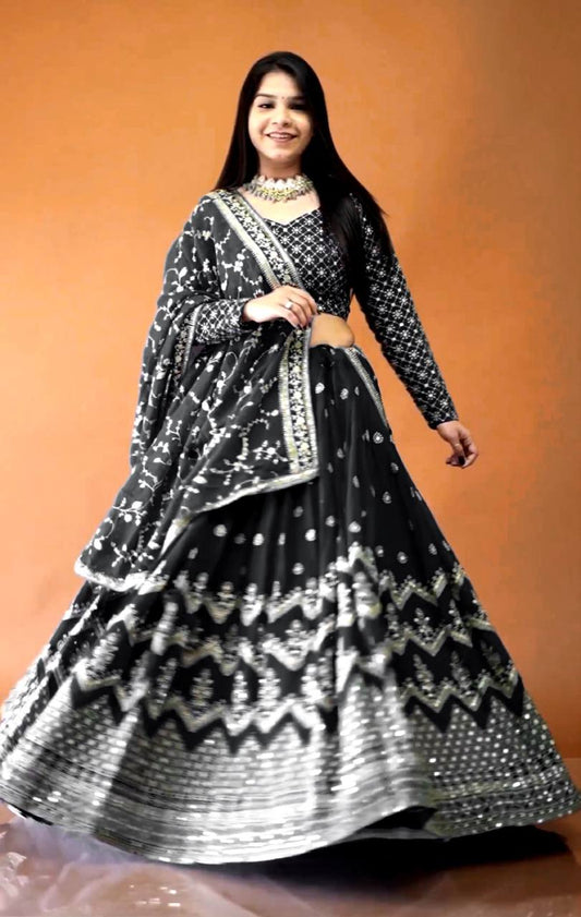 Silk Embroidered Wedding Wear Black Lehenga Choli