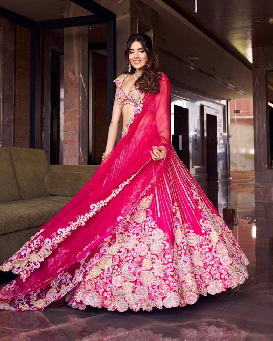 Designer Georgette Bridal Wear Pink Lehenga Choli