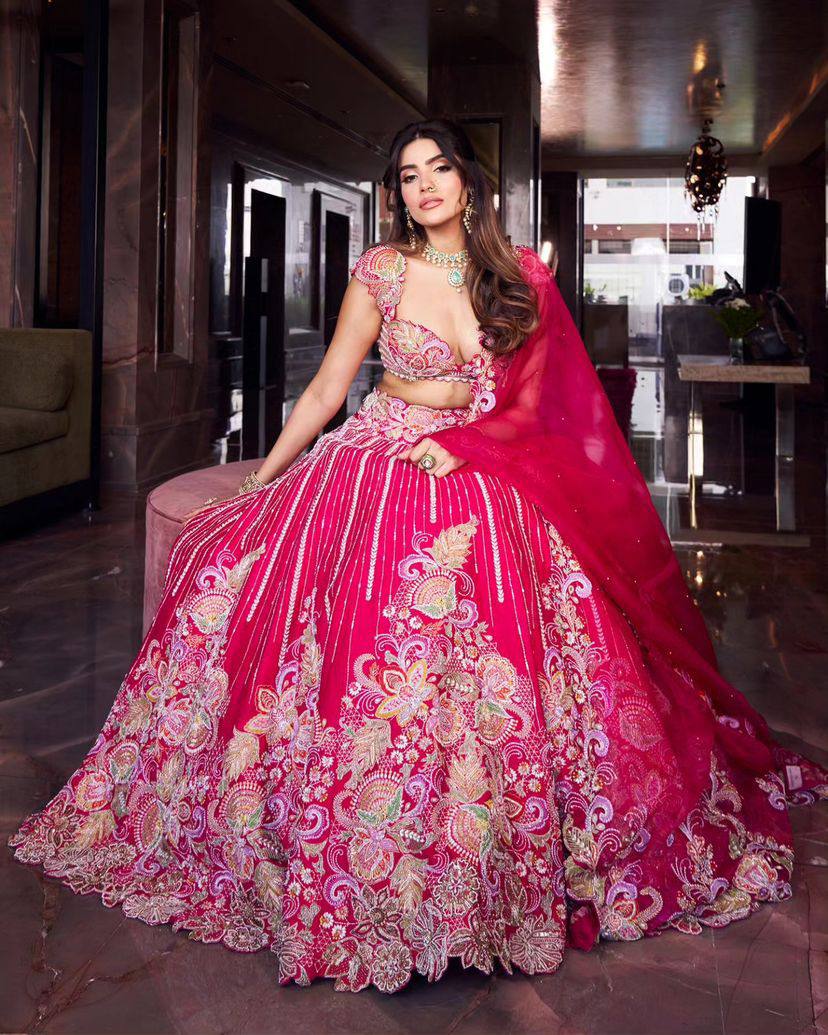 Designer Georgette Bridal Wear Pink Lehenga Choli