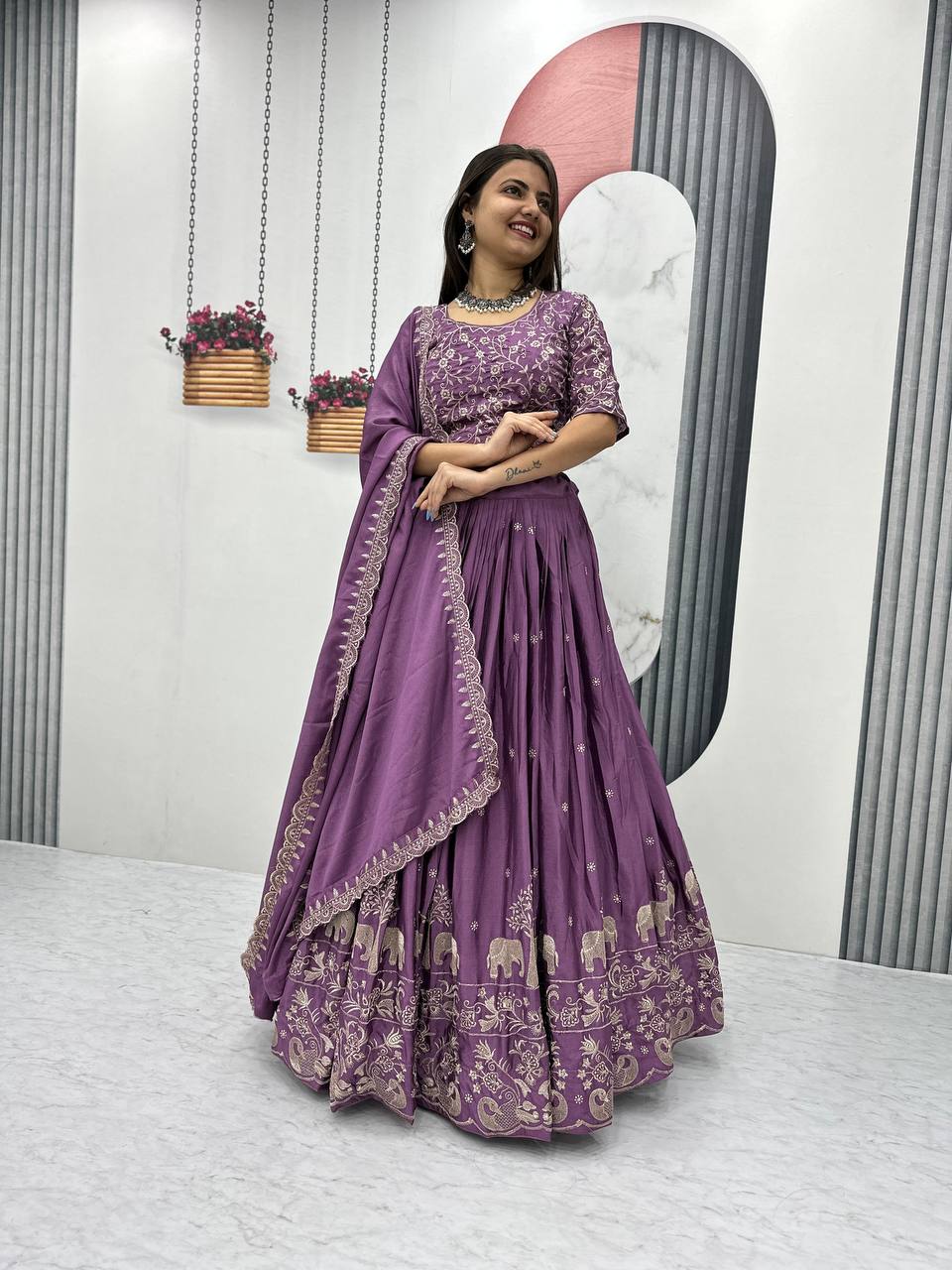 Purple Chinon Party Wear Lehenga Choli