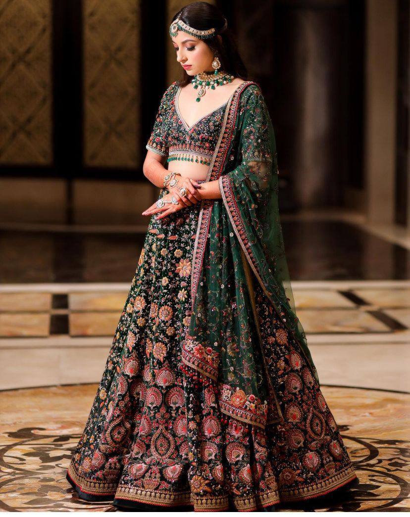 Georgette Bridal Wear Green Lehenga Choli