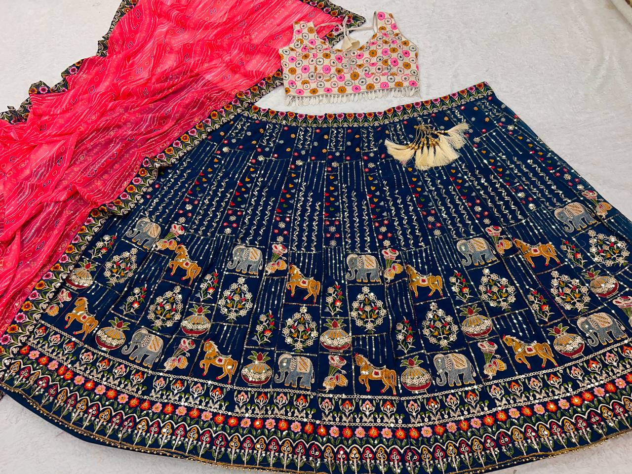 Wedding Wear Georgette Silk Blue Lehenga Choli