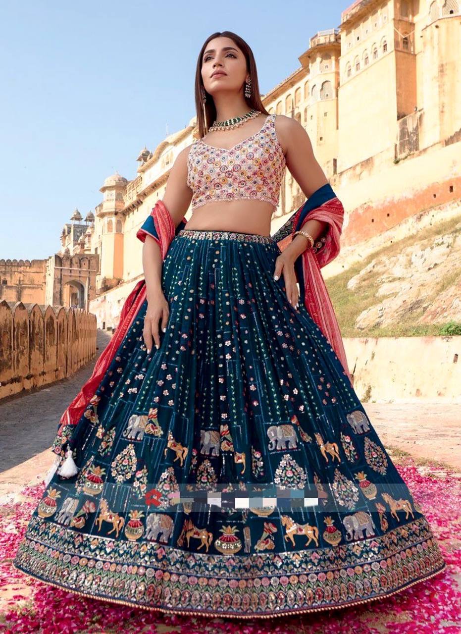 Wedding Wear Georgette Silk Blue Lehenga Choli