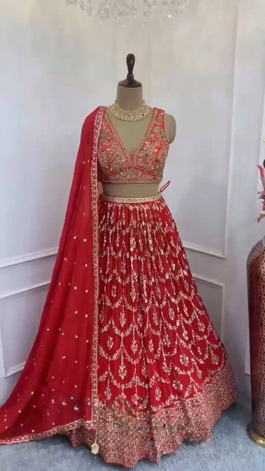 Designer Georgette Red Lehenga Choli