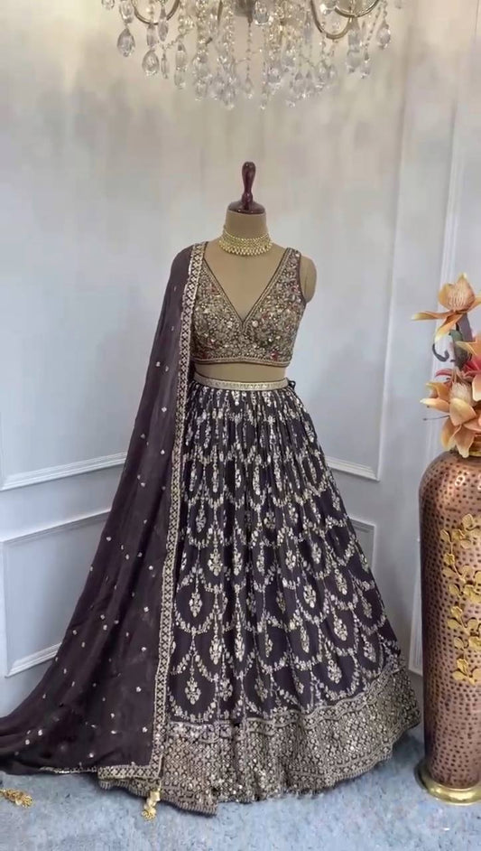 Designer Georgette Wine Lehenga Choli